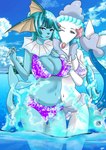 anthro big_breasts bikini bra breasts clothing curvy_figure duo female looking_at_viewer looking_back panties pokemorph sea swimwear two-piece_swimsuit underwear water mondengel nintendo pokemon eeveelution generation_1_pokemon generation_7_pokemon pokemon_(species) primarina vaporeon hi_res