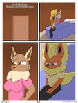 3:4 absurd_res anthro big_breasts blonde_hair bodily_fluids breasts brown_body brown_eyes canid canine clothed clothing comic digital_drawing_(artwork) digital_media_(artwork) duo eevee eeveelution elizabeth_venizee english_text female flamberry_(artist) flareon franklin_flare fur generation_1_pokemon hair hi_res male male/female mammal nintendo pokemon pokemon_(species) simple_background sweat tail text worried