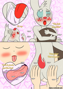 blush bodily_fluids cartoon_freckles cunnilingus dialogue duo eyelashes female freckled_face freckles genitals long_eyelashes male male/female motion_lines oral sex sweat text vaginal vulva wings otakon_(artist) angel_hare the_east_patch angel_gabby jonah_whitman angel human lagomorph leporid mammal rabbit comic english_text hi_res