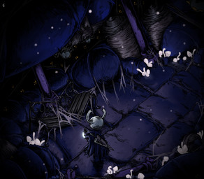 2_horns ambiguous_gender biped cloak clothed clothing detailed_background fungus glowing high-angle_view holding_lamp horn lamp melee_weapon mushroom nail_(weapon) shadow solo spider_web standing weapon weapon_on_back cohavmuzar hollow_knight_(franchise) team_cherry the_knight_(hollow_knight) vessel_(species) 2025 hi_res