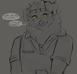 afro anthro blush blush_lines clothing collared_shirt dialogue facial_hair floppy_ears green_eyes hair hand_outstretched helping_hand male name_tag polo_shirt ponytail school_uniform shirt smile snaggle_tooth solo text topwear uniform vest young young_male cerberussenn rj_holiday_(cerberussenn) canid canine canis domestic_dog livestock_guardian_dog mammal molosser mountain_dog pastoral_dog tibetan_mountain_dog english_text