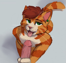 anthro duo ear_piercing erection first_person_view fur genitals hair hand_on_penis handjob humanoid_genitalia humanoid_penis looking_at_viewer male nude open_mouth penile penis piercing sex simple_background smile tail tongue tongue_out whiskers tazal tazal_(character) domestic_cat felid feline felis mammal absurd_res digital_media_(artwork) hi_res
