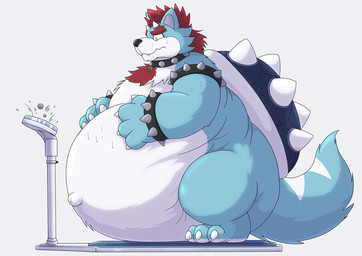 anthro belly belly_expansion belly_grab belly_on_ground belly_overhang big_bey bodily_fluids bracelet collar expansion jewelry male morbidly_obese navel obese overweight overweight_anthro overweight_male shell solo spiked_bracelet spiked_collar spiked_shell spikes spikes_(anatomy) standing sweat weighing_scale weight_gain wolf_tail wolfser worried shikizshigls mario_bros nintendo koopa scalie
