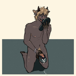 anthro balls blush bodily_fluids bracelet clothing cum ear_piercing ear_ring feet foot_fetish footwear genital_fluids genitals horn humanoid_feet jewelry male navel nude penis piercing plantigrade pubes ring_piercing sandals shoe_fetish shoes sniffing solo tongue tongue_out nicko_van_achthoven bovid caprine goat mammal 1:1 hi_res