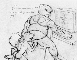 age_difference anthro anthro_on_anthro anthro_penetrated anthro_penetrating anthro_penetrating_anthro butt chair clothed clothing computer dialogue duo electronics footwear furniture interspecies larger_male looking_at_porn male male/male male_penetrated male_penetrating male_penetrating_male navel nude older_male open_mouth oral partially_clothed penetration pornography sex sitting size_difference smaller_male smaller_penetrated socks text whimper young young_anthro younger_male younger_penetrated nightwolf felid mammal mouse murid murine pantherine rodent tiger black_and_white english_text line_art monochrome