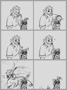 anthro biped closed_smile clothed clothing duo eyes_closed eyewear female glasses hair hitting humor larger_male licking_own_hand looking_at_another male mouth_closed question_mark rectangular_glasses shirt short_hair simple_background size_difference smaller_female smile sparkles standing tongue tongue_out topwear wearing_glasses canisfidelis spitz_(forteissimo) hyena mammal 2026 comic monochrome