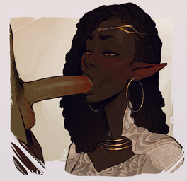 black_hair bodily_fluids dark_body dark_skin duo ear_piercing female female_focus genital_fluids genitals green_body green_skin hair male male/female not_furry penis piercing solo_focus incase elf humanoid orc 2019 hi_res