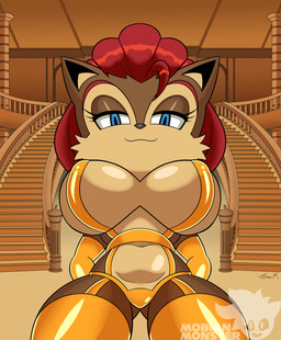 anthro bdsm big_breasts blue_eyes bondage_gear bondage_gloves breasts brown_body clothing detailed_background dominant dominant_female female glistening glistening_body hair handwear huge_breasts inside interior_background legwear long_hair low-angle_view mature_anthro mature_female palace red_hair smug solo stockings mobian_monster archie_comics sega sonic_the_hedgehog_(archie) sonic_the_hedgehog_(comics) sonic_the_hedgehog_(series) alicia_acorn chipmunk ground_squirrel mammal rodent sciurid absurd_res hi_res