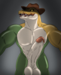 anthro balls biceps black_sclera blood blood_in_mouth bodily_fluids clothing erection genitals glans hat hat_only headgear headgear_only headwear headwear_only humanoid_genitalia humanoid_penis looking_at_viewer low-angle_view male mostly_nude multicolored_body muscular muscular_male pecs penis pupils sharp_teeth slit_pupils solo teeth vein veiny_penis nicolasthewolf glitch_productions the_amazing_digital_circus evil_gummigoo_(tadc) gummigoo_(tadc) alligator alligatorid crocodilian reptile scalie hi_res