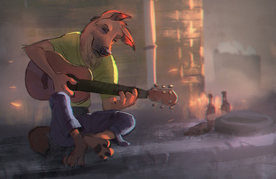3_toes 4_fingers acoustic_guitar anthro barefoot biped bottle brown_body brown_fur claws clothed clothing container eyes_closed feet fingers front_view fully_clothed fur guitar holding_musical_instrument holding_object male musical_instrument outside pawpads playing_guitar playing_music plucked_string_instrument shirt sidewalk sitting solo street string_instrument t-shirt toes topwear dreamingwanderer monoflax canid canine canis domestic_dog mammal 2017 artist_collaboration hi_res