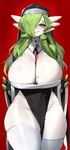 big_breasts black_eyeshadow blush breasts cleavage clothed clothing eyeshadow female glistening glistening_body green_hair hair huge_breasts legwear looking_at_viewer makeup not_furry nun nun_outfit red_background red_eyes simple_background smile solo standing thick_thighs white_body wide_hips woobin94 nintendo pokemon gardevoir generation_3_pokemon humanoid mammal pokemon_(species) absurd_res hi_res