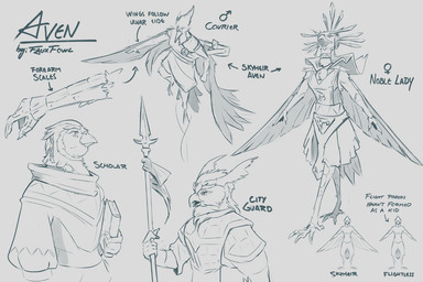 anthro armor bottomwear clothed clothing dress fantasy flying fully_clothed scales skirt spread_wings standing text weapon wings fauxfowl accipitriform avian bird corvid corvus_(genus) crow finch oscine owl passerine secretary_bird 3:2 english_text portrait sketch sketch_page