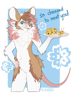 ambiguous_gender anthro blue_eyes brown_body cheese dairy_products flower_motif flower_symbol fluffy food fur hair pink_body pink_fur simple_background smile solo tail text tuft whiskers white_body white_fur miramore cheesed_to_meet_you mammal mouse murid murine rodent 4:5 digital_drawing_(artwork) digital_media_(artwork) english_text hi_res
