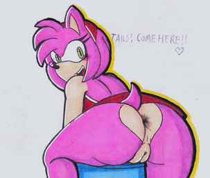 accessory anthro anus big_butt blush butt clothed clothing dialogue dress female genitals hair_accessory hairband heart_(marking) heart_symbol looking_back markings no_underwear open_mouth open_smile sitting smile solo text thick_thighs vulva wide_eyed justsomeidiotonline sega sonic_the_hedgehog_(series) amy_rose eulipotyphlan hedgehog mammal hi_res