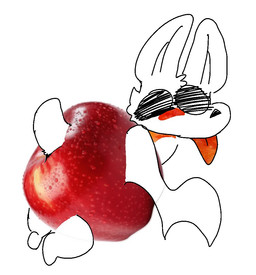 anthro apple blep bottomwear clothed clothing eyewear food fruit fruit_clothing hair male plant solo sunglasses tail tongue tongue_out topless agagmao bat mammal digital_media_(artwork)