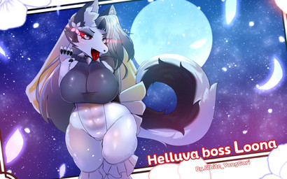 5_fingers abs accessory anthro big_breasts black_ears border breasts butt camel_toe claws clothing collar detailed_background eyelashes eyelashes_through_hair fangs female fingers flower flower_in_hair fluffy fluffy_tail fur grey_hair hair hair_accessory highleg inner_ear_fluff leotard night open_mouth plant red_sclera red_tongue solo spiked_collar spikes tail teeth text thick_thighs tongue tongue_out translucent translucent_hair tuft white_body white_fur white_inner_ear white_inner_ear_fluff wide_hips whiteyonggari_(artist) hellaverse helluva_boss loona_(helluva_boss) 16:10 2026 absurd_res english_text hi_res watermark widescreen