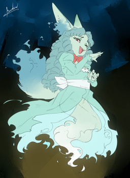 anthro clothing curly_hair dress female flat_chested floating hair laugh laughing_at long_ears low-angle_view solo blulesnsfw canid canine fox ghost mammal spirit absurd_res hi_res