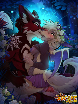 accessory anthro bottomwear clothed clothing clothing_lift duo female flower flower_in_hair forest_background genitals hair hair_accessory holding_leg holding_thigh male male/female night penis plant romantic romantic_couple shirt shirt_lift skirt topwear arcanelynx mythology canid canine dragon fox hybrid mammal mythological_creature mythological_scalie scalie