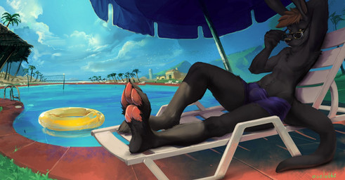 3_toes anthro barefoot biped black_body black_fur bottomwear bulge clothed clothing cloud day detailed_background eyewear feet foot_focus fur hands_behind_head hindpaw looking_at_viewer lounging lying male on_back outside palm_tree pawpads paws plant poolside pose relaxing shorts soles solo sunglasses swimming_pool toes topless tree umbrella underwear water oselotti fletcheroo kangaroo macropod mammal marsupial pinup