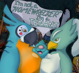 anthro big_muscles big_pecs bisexual blush breasts breasts_together female group head_between_breasts head_between_pecs male male/female male/male muscular nude pecs pecs_touching speech_bubble text third_wheel trio orangestheasd breath_of_the_wild nintendo pokemon the_legend_of_zelda amali_(tloz) kass_(tloz) avian dewott generation_5_pokemon pokemon_(species) rito hi_res