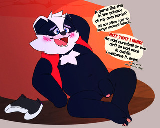 anthro black_body blue_eyes blush controller dialogue flaccid game_controller genitals male navel penis slightly_chubby solo text white_body akashiro bradley_the_badger_(game) bradley_(bradley_the_badger) badger mammal mustelid musteline 2025 english_text hi_res