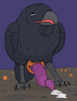 beak bodily_fluids cum cum_on_ground ejaculation eye_roll feathers feral food fruit genital_fluids genitals holidays knotting knotting_sex_toy looking_pleasured male night open_beak open_mouth orgasm orgasm_face penis plant precum public pumpkin pumpkin_fucking purple_penis solo tongue vein reverie_(artist) halloween reverie avian bird corvid corvus_(genus) oscine passerine raven shaded simple_shading story story_in_description