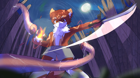 anthro attack battle bottomwear clothed clothing fire holding_melee_weapon holding_object holding_sword holding_weapon knife light low-angle_view magic male melee_weapon moon moonlight night outside shorts solo sword tentacles topless topless_male weapon young roralon_(artist) domestic_cat felid feline felis mammal 16:9 absurd_res hi_res widescreen