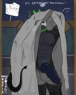 animal_genitalia animal_penis anthro big_penis black_body black_fur black_nipples black_sclera blue_penis bodily_fluids bone bone_mask canine_genitalia canine_penis ear_piercing erection fur genital_fluids genitals green_hair hair holidays inside knot leaking_precum male markings mask mostly_nude mouth_closed multicolored_body multicolored_fur night nipples nude penis piercing precum skull skull_mask solo striped_markings stripes text worfix halloween tayllor_(character) canid canine mammal english_text hi_res