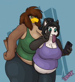 4_fingers angry anthro beak big_breasts black_eyebrows black_hair black_nose blue_background blue_eyes bottomwear breasts brown_eyebrows brown_hair cellphone cleavage clothed clothing electronics eyebrows feathers fingers gesture green_eyes gynomorph hair hand_gesture holding_object huge_thighs intersex multicolored_body orange_beak pants phone pink_tongue sentient_penis shirt simple_background slightly_chubby slightly_chubby_anthro slightly_chubby_gynomorph slightly_chubby_intersex smartphone standing tail tail_feathers thick_thighs tongue tongue_out topwear v_sign lonnyk kayla_(lonnyk) pilot_(pilot129) accipitrid accipitriform avian bird canid canine canis domestic_dog eagle husky mammal nordic_sled_dog spitz hi_res