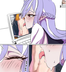 blush blush_lines bodily_fluids clothed clothing computer electronics eyelashes eyes_closed female hair humanoid_pointy_ears laptop licking_screen long_hair markings mole_(marking) mole_under_eye not_furry open_mouth pointy_ears purple_hair red_eyes simple_background solo sweat sweatdrop tan_body tan_skin tears text tongue tongue_out white_background artom_(artist) mihoyo zenless_zone_zero vivian_banshee humanoid artist_name digital_drawing_(artwork) digital_media_(artwork) hi_res url