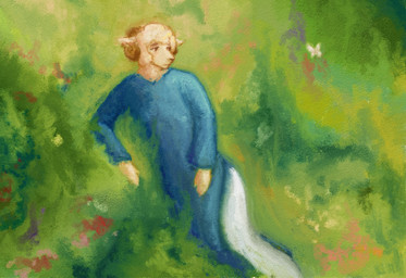 anthro ears_down eyebrows flower fur grass horn looking_forward lying lying_on_ground male on_ground on_side outside pivoted_ears plant solo white_body white_fur white_wool wool_(fur) reynard_goodfellow reynard_the_baa arthropod bovid butterfly caprine insect lepidopteran mammal sheep hi_res
