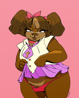 4_fingers accessory anthro bedroom_eyes bottomwear bow_(feature) bow_accessory bow_ribbon brown_body brown_eyes brown_fur brown_hair brown_lips brown_nose clothed clothing clothing_lift collared_shirt cross crossdressing dress_shirt erection femboy fingers fur genitals hair hair_accessory hair_bow hair_ribbon heart_symbol lips male narrowed_eyes necktie overweight overweight_male panties penis penis_in_panties pigtails pink_background pleated_skirt presenting_panties purple_bottomwear purple_clothing purple_skirt red_clothing red_panties red_underwear ribbons seductive shirt simple_background skirt skirt_lift small_penis solo teasing tenting thick_thighs thong topwear underwear white_clothing white_shirt white_topwear badgerkun cocoa_honeypot bear brown_bear grizzly_bear mammal ursine 2021 absurd_res hi_res