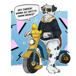 anthro clean_diaper clothing dialogue diaper eyewear fur grin jacket leather leather_clothing leather_jacket leather_topwear male markings rubber_duck smile smug solo sparkles spots spotted_body spotted_fur sunglasses text topwear tricycle vehicle possumkiddo canid canine canis dalmatian domestic_dog mammal 1:1 2024 english_text hi_res
