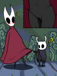ambiguous_gender anthro arthropod blush bodily_fluids cape clothing duo empty_eyes featureless_(disambiguation) female genital_fluids genitals hollow_knight hornet_(hollow_knight) incest_(lore) insect low_res melee_weapon pussy question_mark surprise sword team_cherry the_knight_(hollow_knight) vaginal_fluids vessel_(species) weapon zexar7