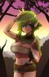 bandeau belt big_breasts blue_eyes bottomwear breasts cleavage clothed clothing female green_hair hair hand_on_hair hand_on_head humanoid_pointy_ears looking_at_viewer monotone_hair navel not_furry outside pointy_ears solo topwear oppaihobby elf humanoid absurd_res hi_res