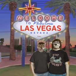 ambiguous_gender anthro black_clothing black_shirt black_t-shirt black_topwear blue_bottomwear blue_clothing blue_jeans blue_pants bottomwear clothing denim denim_bottomwear denim_clothing duo eyewear glasses googie_aesthetic jeans las_vegas looking_at_viewer modern_architecture neon_sign night outside palm_tree pants plant shirt sign smile smiling_at_viewer standing t-shirt text text_on_t-shirt topwear tree wearing_collar wearing_glasses avianvevo 1:1 english_description english_text hi_res