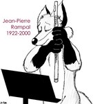 anthro eyebrows eyes_closed flute fur holding_flute male music_stand musical_instrument nude sad simple_background snout solo standing tail text white_background wind_instrument woodwind_instrument unknown_artist unknown_artist_signature jean-pierre_rampal canid canine fox mammal red_fox true_fox 2000 english_text greyscale in_memoriam monochrome pen_(artwork) signature traditional_media_(artwork)