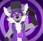 abstract_background anthro clock clothing gloves_(marking) hat headgear headwear hypnosis hypnotizing_viewer looking_at_viewer male markings mind_control open_mouth open_smile pocketwatch purple_eyes ringed_eyes smile solo spiral_background top_hat watch gooeyblueboye allison_towers_(character) mammal procyonid raccoon animated