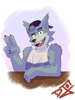 anthro arm_on_table backwards_baseball_cap backwards_hat baseball_cap clothing eyebrows furniture hat headgear headwear looking_at_viewer male raised_eyebrow shirt simple_background smile smiling_at_viewer solo table tank_top topwear white_background yellow_sclera dibujugador cartoon_network we_baby_bears we_bare_bears wolf_(we_baby_bears) canid canine canis mammal wolf