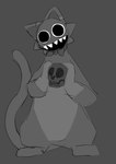 ambiguous_anthro ambiguous_gender anthro biped bow_tie bow_tie_only cheek_tuft countershade_torso countershading creepy_smile empty_eyes facial_tuft featureless_crotch front_view grey_background head_tilt holding_object holding_skull hollow_eyes long_tail looking_at_viewer monotone_background mostly_nude open_mouth open_smile sharp_teeth simple_background smile smiling_at_viewer solo soul_devouring_eyes standing tail teeth tuft void_eyes misoden_(artist) delibas_(misoden) animate_inanimate domestic_cat felid feline felis living_clothing living_costume living_fursuit mammal 2024 digital_drawing_(artwork) digital_media_(artwork) full-length_portrait greyscale guide_lines monochrome portrait