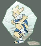 anthro blue_eyes bottomwear clothed clothing feet female fighting_pose foot_focus footwear fur paws pose raised_paw skirt socks tan_body tan_fur yellow_body yellow_fur wicked_whiskers zgf_art slytherite lagomorph leporid mammal rabbit 2023 absurd_res hi_res