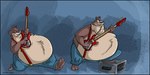 3_toes amplifier anthro barefoot belly belly_tuft big_belly blue_bottomwear blue_clothing blue_pants bottomwear brown_body brown_fur chest_tuft clenched_teeth clothing electric_guitar electronics feet fur guitar head_tuft huge_belly male musical_instrument obese obese_anthro obese_male overalls_only overweight overweight_anthro overweight_male pants playing_music plucked_string_instrument rocking_out simple_background solo string_instrument tan_body tan_fur teeth toes tuft dutch_(artist) clem_(dutch) bear mammal hi_res