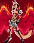 anthro breasts clothing costume feathers female fire glowing metal solo tail shikoyote raphian shiko 4:5 absurd_res hi_res