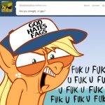 angry ask_jappleack blonde_hair clothing dialogue female feral green_eyes hair hat headgear headwear looking_at_viewer outside profanity solo stated_heterosexuality stated_sexuality text hotdiggedydemon friendship_is_magic hasbro my_little_pony tumblr applejack_(mlp) earth_pony equid equine horse mammal pony 1:1 english_text