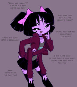 5_eyes 6_arms accessory backseating bangs bedroom_eyes black_bottomwear black_choker black_clothing black_hair black_jewelry black_legwear black_necklace black_sclera black_skirt black_thigh_highs blunt_bangs bottomwear bow_(feature) bow_accessory bow_ribbon choker clothed clothed_female clothed_humanoid clothing collarbone crossed_arms cute_fangs dialogue eyelashes fangs female female_humanoid fingers flat_chested fully_clothed fully_clothed_female fully_clothed_humanoid grey_clothing grey_shirt grey_topwear hair hair_accessory hair_bow hair_ribbon hand_on_hip hand_on_leg hand_on_own_hip hand_on_own_leg jacket jewelry legwear looking_at_viewer mocking multi_arm multi_eye multi_limb narrowed_eyes necklace open_mouth open_smile pigtails pink_bow pink_ribbon pupils purple_body purple_skin red_clothing red_jacket red_topwear ribbons seductive shirt short_hair skirt smile smiling_at_viewer smug solo talking_to_viewer teasing teasing_viewer teeth text thigh_highs topwear twin_bows twin_hair_bows white_pupils jek_korpen undertale undertale_(series) muffet animal_humanoid arachnid arachnid_humanoid arthropod arthropod_humanoid humanoid spider spider_humanoid absurd_res english_text hi_res