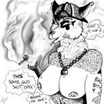 anthro big_breasts breasts chain clothing curvy_figure dialogue drugs female fluffy fur hat headgear headwear humor looking_at_viewer makeup marijuana markings nipples piercing simple_background smile smoking solo standing stoned substance_intoxication tattoo text voluptuous avelvision canid canine canis domestic_dog mammal 1:1 absurd_res english_text hi_res sketch