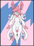 anthro black_border blue_body blue_eyes blue_fur blue_inner_ear border bow_tie erection femboy fur genitals gloves_(marking) hair hair_over_eye looking_at_viewer male markings multicolored_body multicolored_fur nude one_eye_obstructed penis pink_body pink_fur pink_hair simple_background solo standing white_body white_fur lavenderrose nintendo pokemon eeveelution generation_6_pokemon pokemon_(species) sylveon 3:4 hi_res