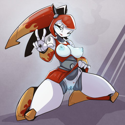 alternate_color big_breasts bodily_fluids breasts female genital_fluids genitals gesture hand_gesture kneeling looking_at_viewer machine navel nipples not_furry smile solo thick_thighs unusual_navel v_sign vaginal_fluids vulva karakylia my_life_as_a_teenage_robot nickelodeon hot_rod_jenny_wakeman jenny_wakeman android humanoid robot robot_humanoid 1:1 hi_res