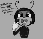 antennae_(anatomy) anthro black_hair blush blush_lines bodily_fluids breasts clothing cum cum_on_tongue dialogue female genital_fluids gloves grey_background hair half-closed_eyes handwear narrowed_eyes nipples open_mouth pie_cut_eyes simple_background solo teeth text tongue tongue_out tjpones if_(2024) paramount_pictures blossom_(if) arthropod 2024 english_text greyscale hi_res monochrome