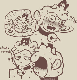 ambiguous_gender blush duo question_mark shocked susuoro cult_of_the_lamb massive_monster_(studio) goat_(cult_of_the_lamb) lamb_(cult_of_the_lamb) hi_res monochrome sketch